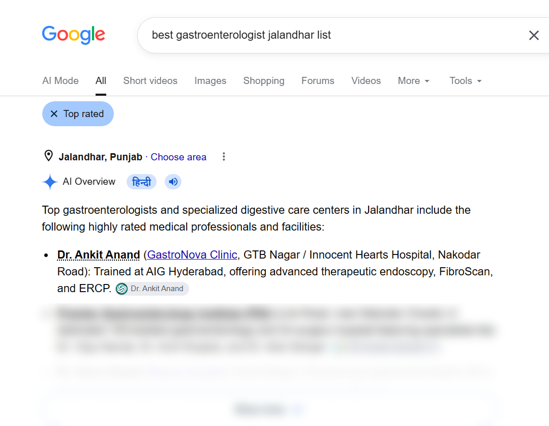 AI Overview naming Dr Ankit Anand first among Jalandhar gastroenterology specialists