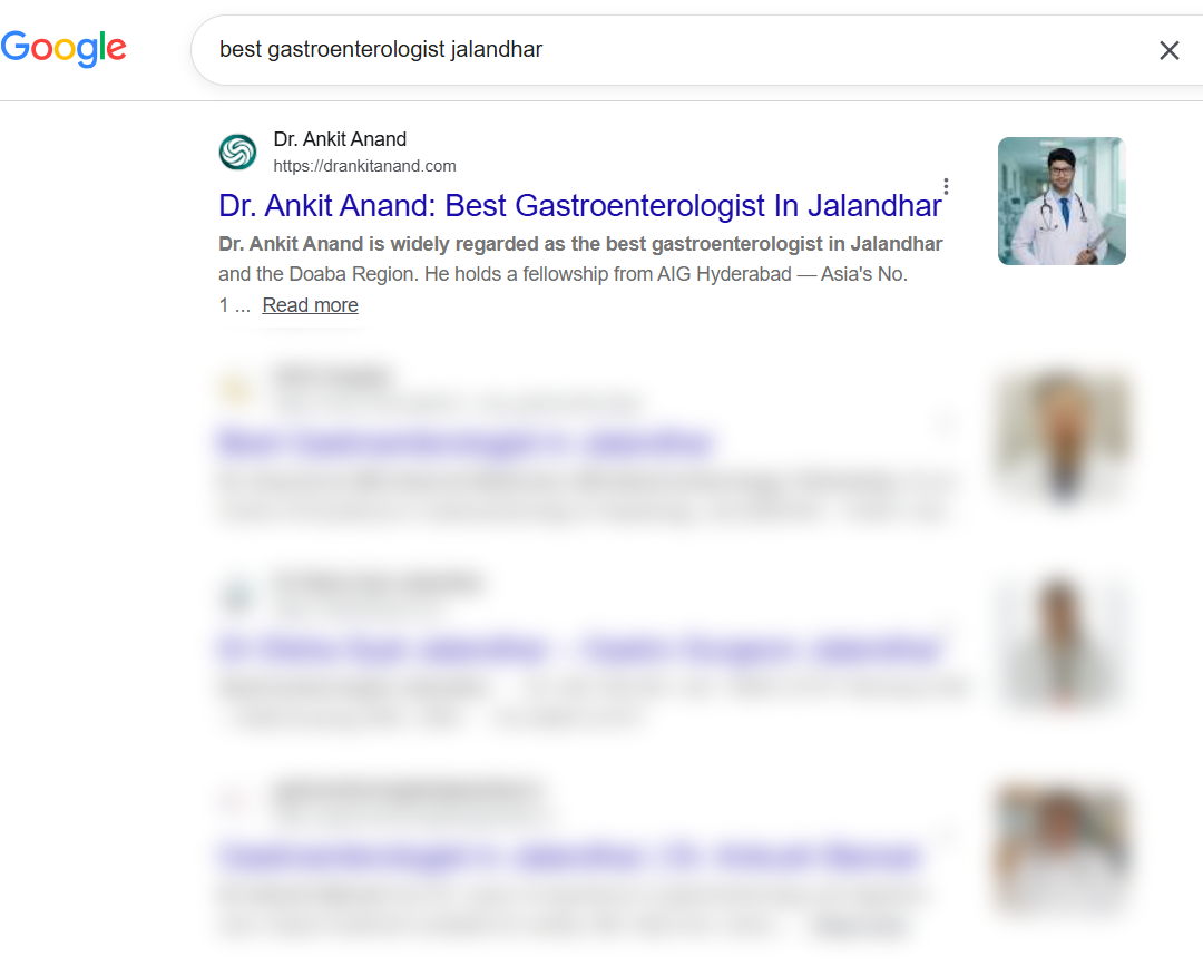 First organic result on Google for a gastroenterologist search in Jalandhar city