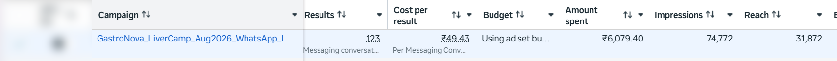 Meta Ads Manager row for a seven day liver camp WhatsApp campaign